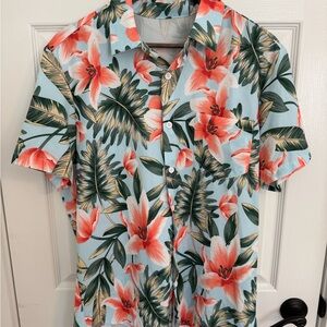 Men's Short-Sleeve Floral Button-Down Shirt in Coral on Light Blue
